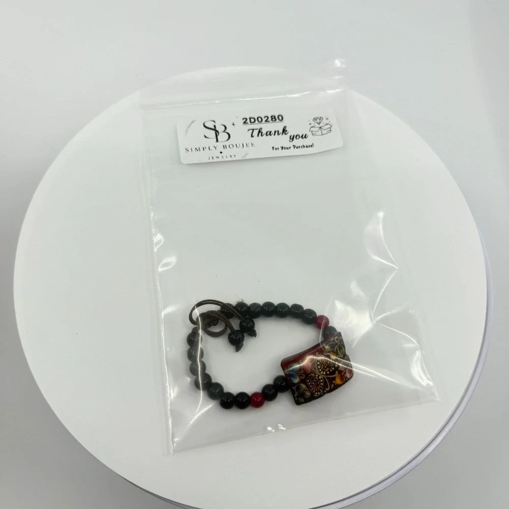 Hand Painted Butterfly Bracelet Black Red Beaded Adjustable Boho Artisan Gift